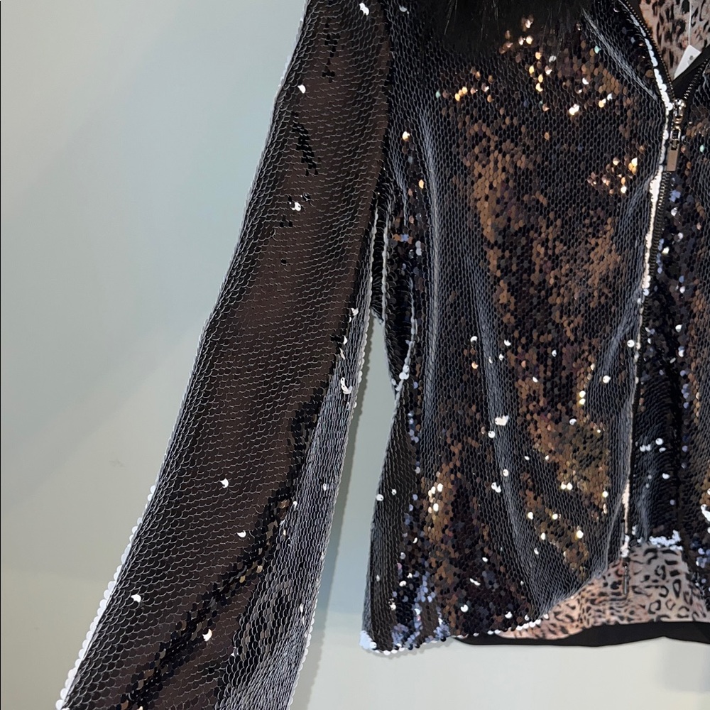 Black Sequin Jacket with Faux Fur Collar Sz XL NWT - Picture 4 of 10